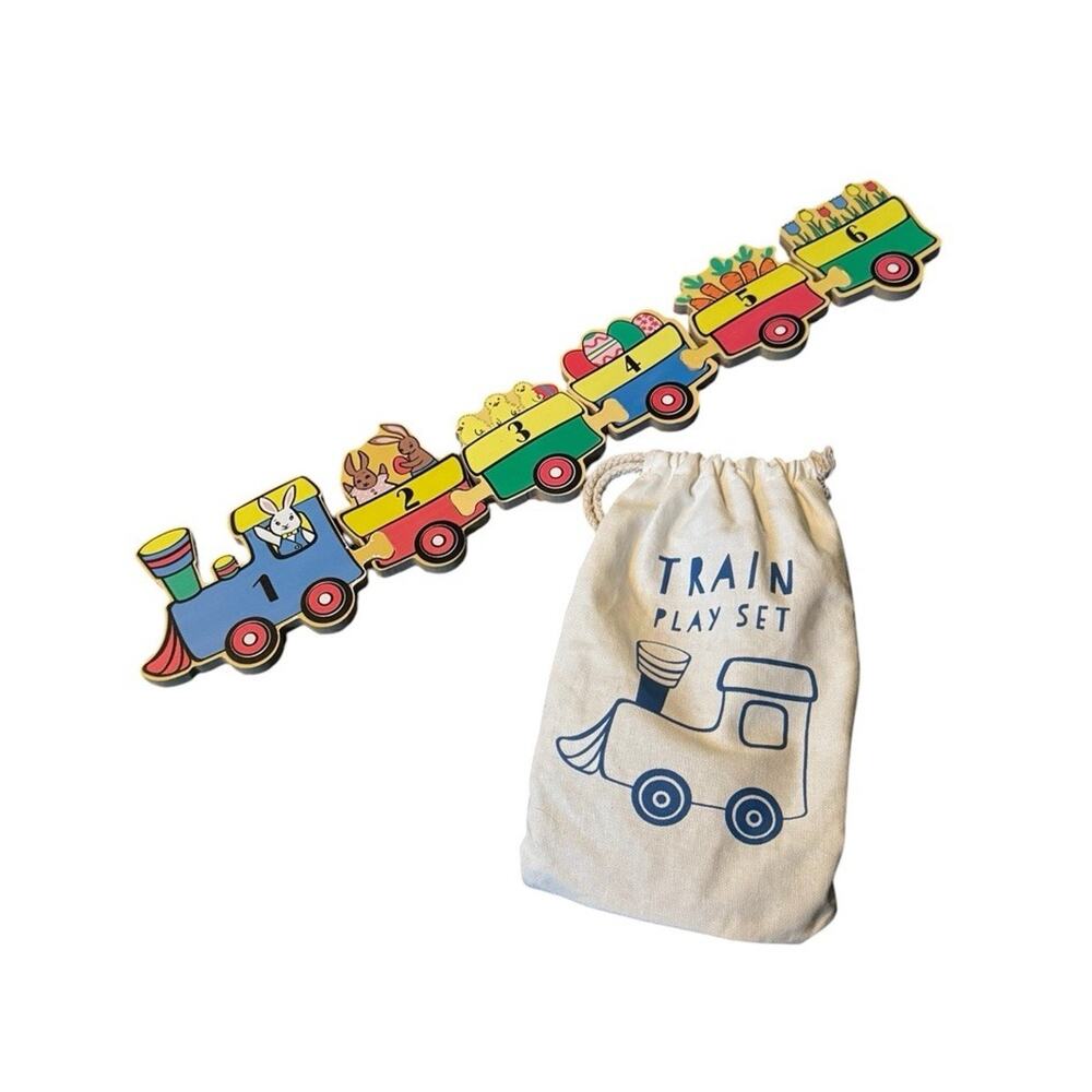 Vintage Wooden Number Train Puzzle Toy Bunny Easter Cars Counting Play Set READ